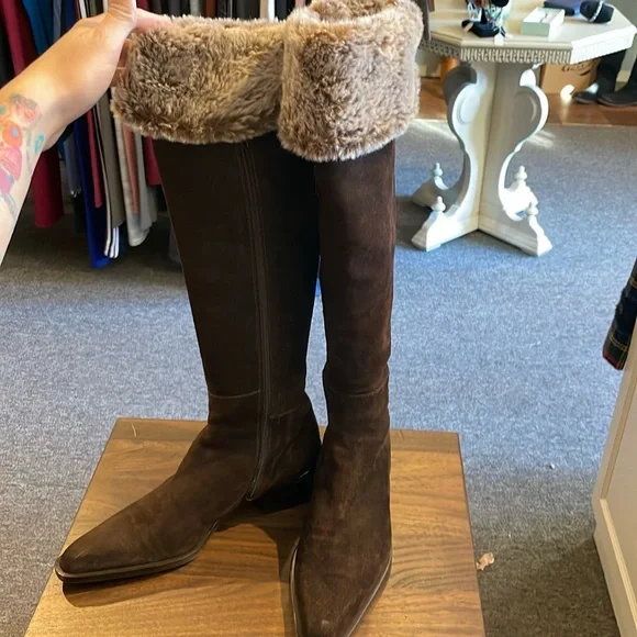 Aquatalia Italian Chocolate Suede tall boots with fur rare - Picture 5 of 8